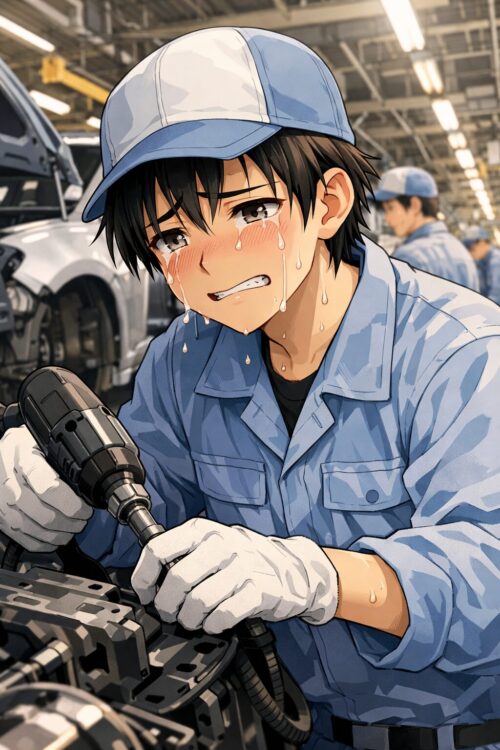 期間工の作業に半泣きで従事する青年