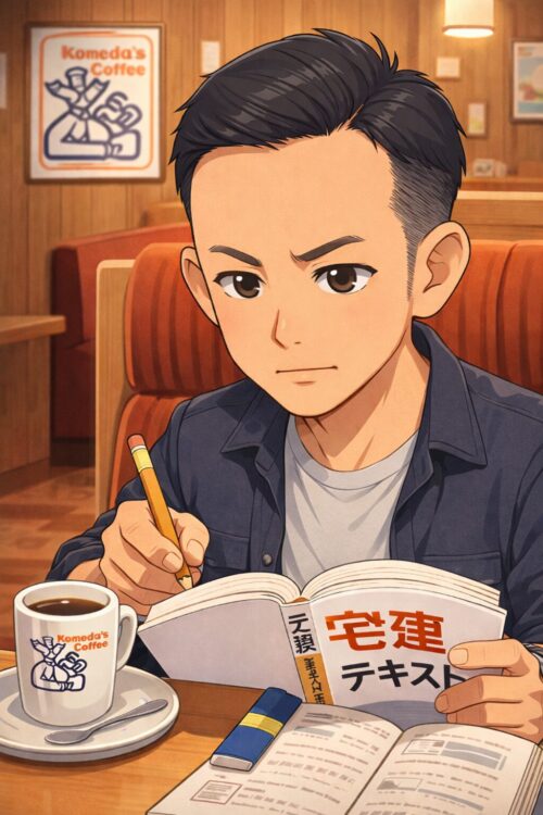 コメダで宅建の勉強をする様子