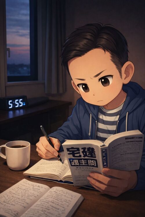 早朝宅建の勉強をする様子